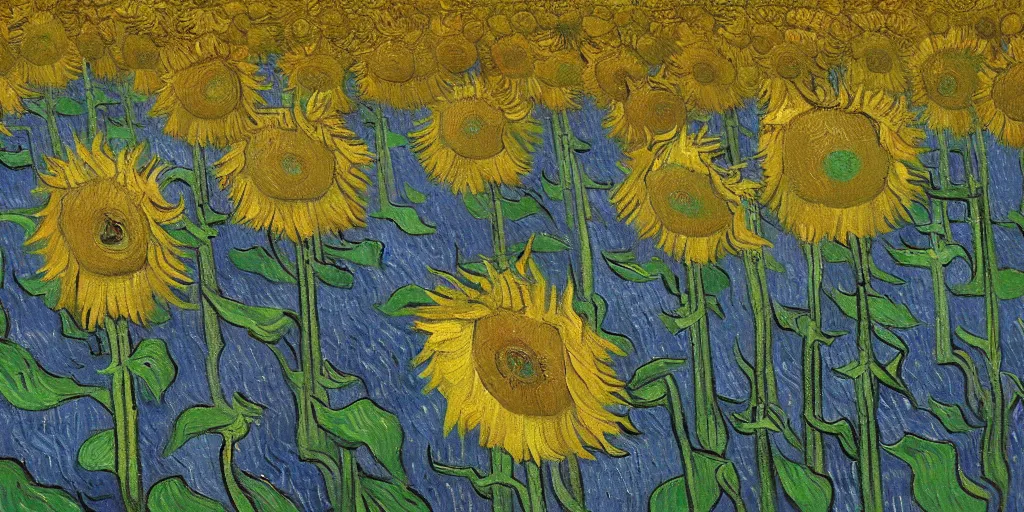 Image similar to an oil painting of van gogh is painting in a sunflower filed, by van gogh