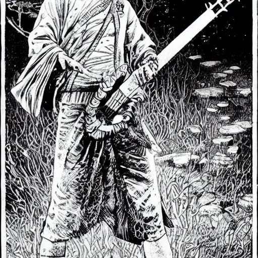 Image similar to Frank Zappa golden Vagabond magic swordsman glides through a beautiful battlefield magic the gathering dramatic esoteric!!!!!! pen and ink!!!!! illustrated in high detail!!!!!!!! by Hiroya Oku!!!!! Written by Wes Anderson graphic novel published on shonen jump 2002 award winning!!!!