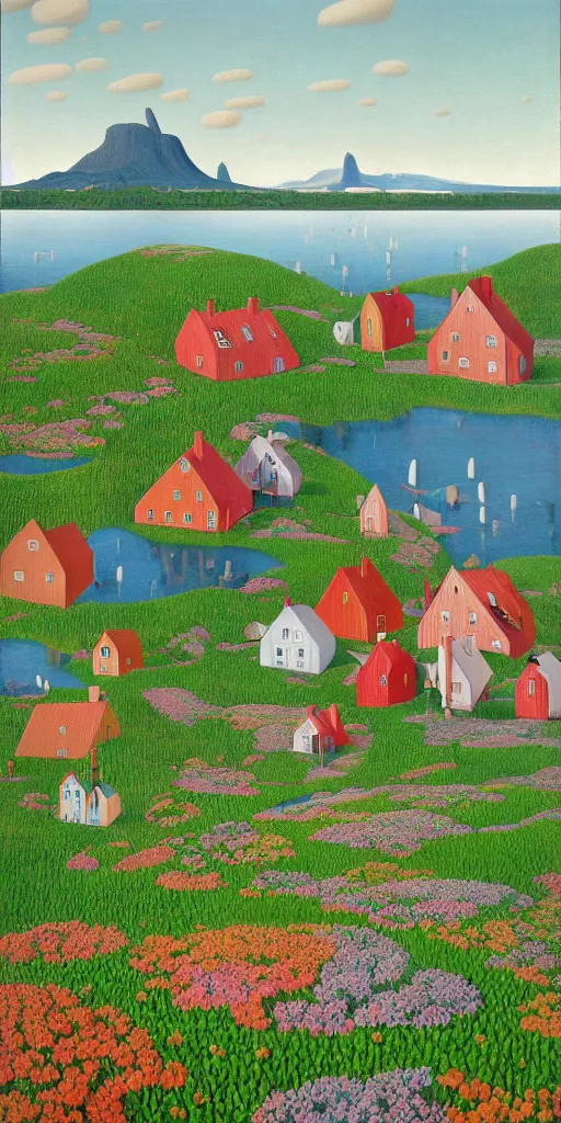 Prompt: scandinavian!!! houses!!!, floral motives, lake, mountains, hygge, by jacek yerka by levitan, by tove jansson, surrealistic painting, masterpiece, oil painting, 1 0 0 0 0, sharp focus, highly detailed, intricate, smooth, 8 k,