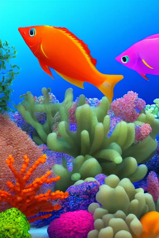Prompt: a beautiful and colorful fish transparent swimming through a coral in the ocean, render in cinema 4 d