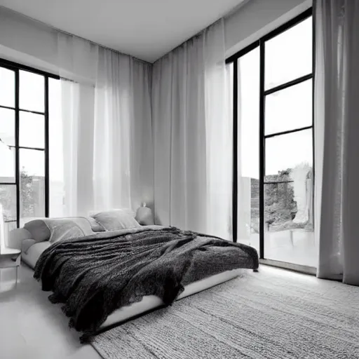 Image similar to Bedroom with Minimalistic Art on the walls, white furtniture, big windows with sunlight coming in