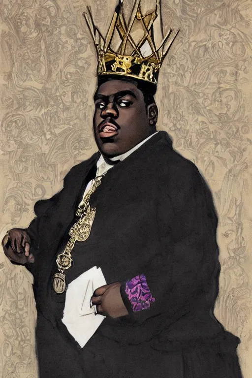 Image similar to portrait of biggie smalls with kings crown and royal outfit, modern, european, eclectic, illustration, by ramon casas
