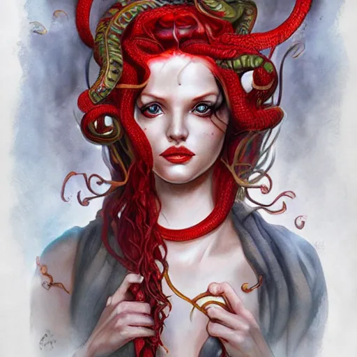 Image similar to realistic mythological greek medusa with red snakes on the head full body, by anna dittmann