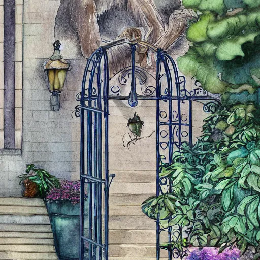 Prompt: delicate, monkey on chairs, garden, paved, botanic watercolors, iridescent, 8 k, realistic shaded, fine details, artstation, italian, iron gate, tree, mediterranean, marvelous