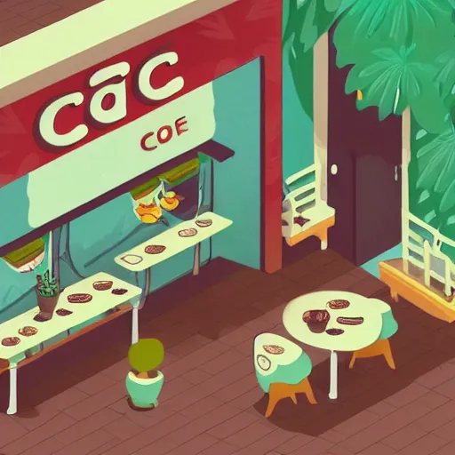 Image similar to isometric cute cartoon illustration style cafe australian, decorated with only cute detailed cannabis leaves in two ceramic pots, tables, utopian simple frontage, 2 cute characters, cute poster, beautiful composition pastel palette by will barnet, digital art, hyperrealistic soft, inked digital, render fun cartoon