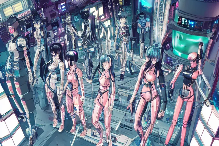 Image similar to cyberpunk anime illustration of a group of female android dolls lying in various poses over an spacious, empty white floor background with their bodies open showing wires and cables coming out, by katsuhiro otomo and masamune shirow, hyper-detailed, colorful, beautiful, bird view