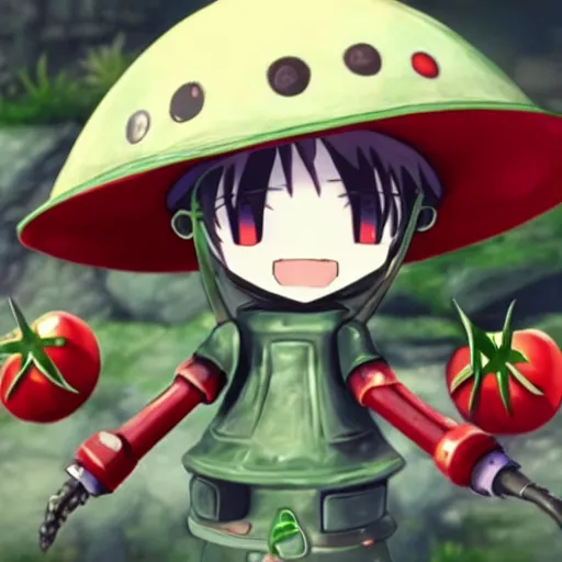 Prompt: cute robot with big tomato hat and a chive sword, made in abyss style