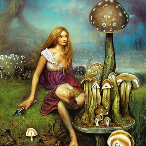 Image similar to woman commands little mushroom soldiers, by howard david johnson