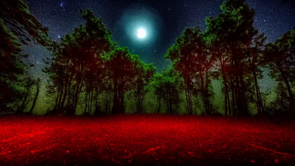 Image similar to 8k ultra realistic night time photography of a mystical cosmic night sky with red smoke and, a perfect big full moon!!!, A glimpse through a small gap in the dark green dense foliage!!!! and overgrowth and the trees!! of the huge full moon over water in a dark sky. wreathed in red smoke!!!, mist, starlight, night-time, volumetric lighting, dark enclosed, cozy, quiet forest night scene, spangled, cosmic