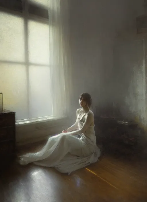 Prompt: a portrait of beautiful woman sitting in the floor, inside a modern apartment, detailed oil painting, misty, ethereal, dramatic lighting, 8 k, by jeremy mann and ruan jia and alphonse mucha