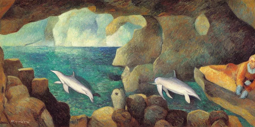 Prompt: dolphin and cat in a cave, expressive oil painting by christopher radlund and camille pissaro