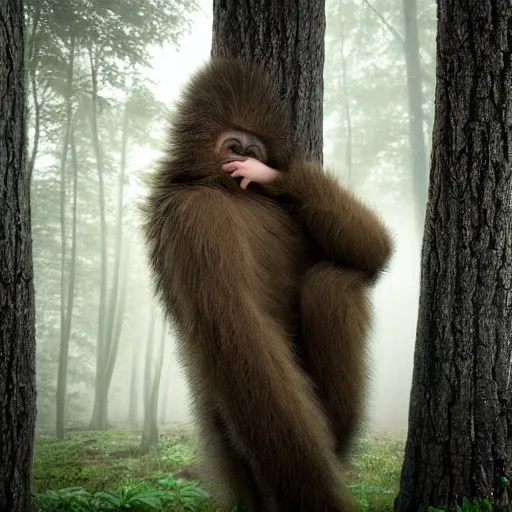 Image similar to award winning, hyper realistic, photograph, sasquatch infant peering out timidly from behind a tree with large cute eyes and it's hand wrapped around the tree trunk, portrait, 8 k, twilight, fog, moonlit