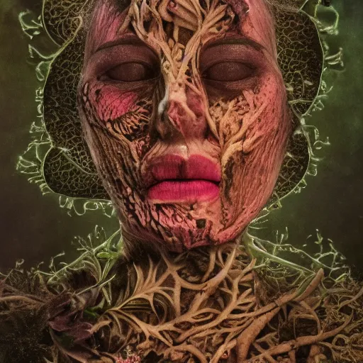 Image similar to a beautiful detailed front view portrait of a rotten woman corpse with fractal plants and fractal flowers growing around, volumetric light, beautiful lit, polaroid photography