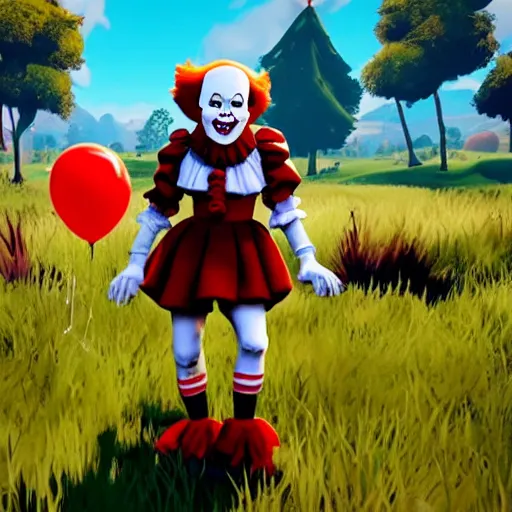 Prompt: Pennywise from it (1990) in fortnite, gameplay screenshot