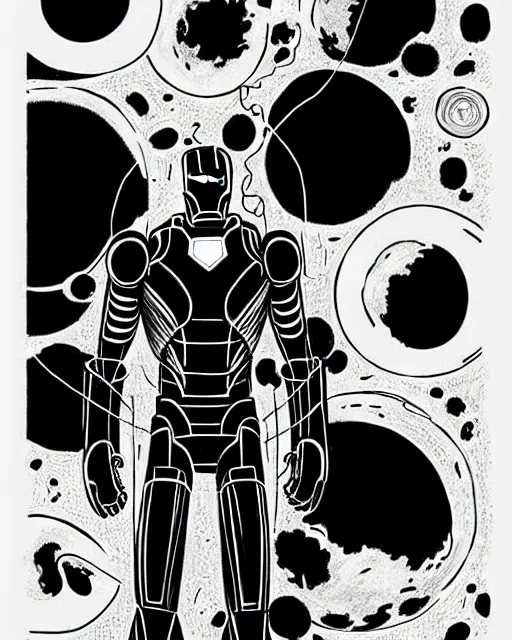 Image similar to black and white sad iron man with wires on hands on the destroed moon, iron man eat banana, wires earth background, by tsutomu nihei