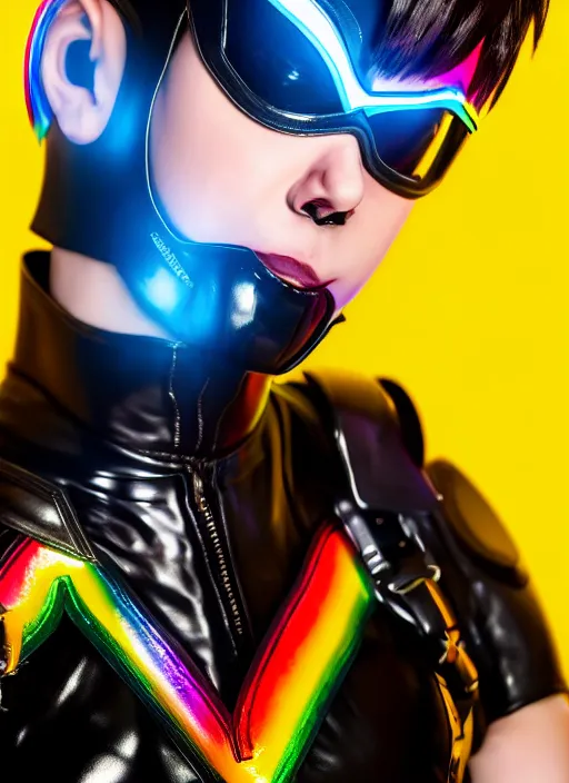 Prompt: hyperrealistic style portrait of tracer overwatch, confident pose, wearing black iridescent rainbow latex, rainbow, neon, 4 k, expressive happy smug expression, makeup, in style of mark arian, wearing detailed black leather collar, wearing sleek armor, black leather harness, expressive detailed face and eyes,