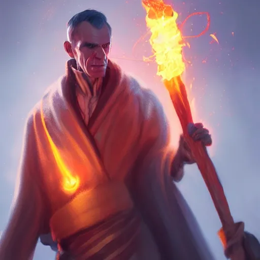 Prompt: Henry Ford wearing tattered robes holding a glowing fire magical staff. Trending on Artstation, octane render, ultra detailed, art by Ross tran