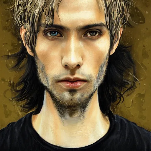 Prompt: portrait of a man by ayami kojima, he is about 3 0 years old, short black hair with bangs, his features are a mix between french, turkish and russian and he is wearing a beige and black utility jumpsuit, scifi, highly detailed portrait, digital painting, artstation, concept art, smooth, sharp foccus ilustration, artstation hq