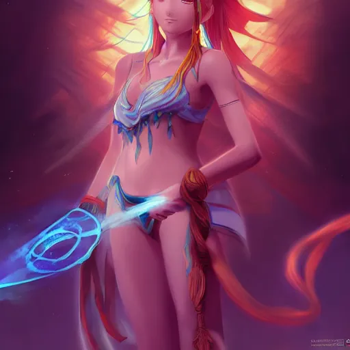 Image similar to anime portrait of Nami as a shaman yedi using dark force to eliminate trump as an anime antagonist by Stanley Artgerm Lau, WLOP, Rossdraws, James Jean, Andrei Riabovitchev, Marc Simonetti, and Sakimichan, trending on artstation