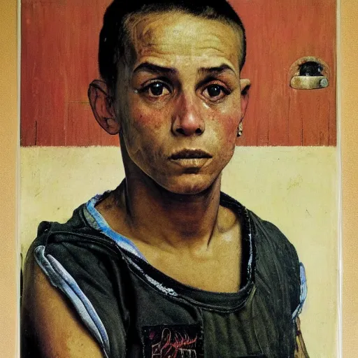 Image similar to A Frontal portrait of an MS-13 gang member as a prisoner awaiting sentancing. A painting by Norman Rockwell.