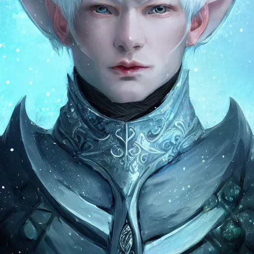 Prompt: full face portrait of a handsome male snow elf in a turquoise cape and silver ornate armour as an archer, full face, albino skin, winter vibes, perfect face,, elegant, very coherent symmetrical artwork, atmospheric lighting, rule of thirds, by wenjun lin, krenz cushart, charlie bowater, trending on artstation