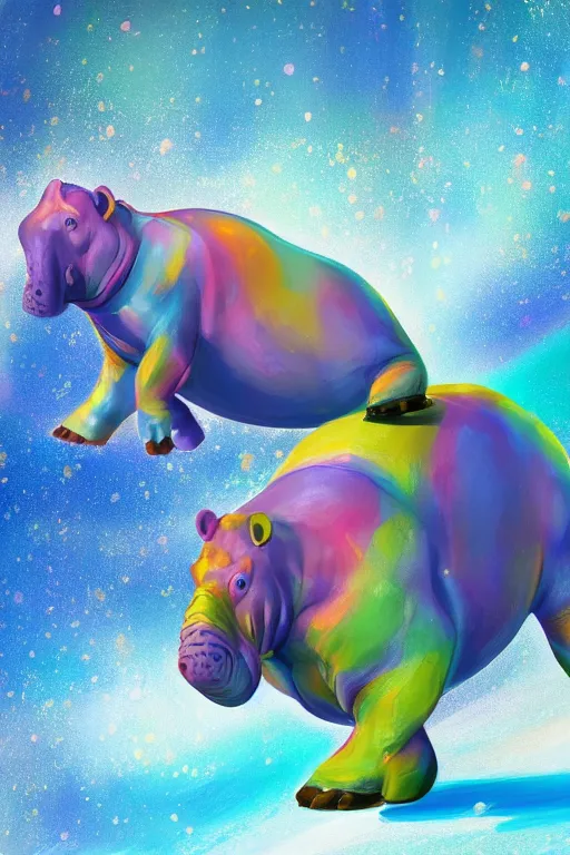 Image similar to colorful hippos ice skating, digital art, artstation trending, digital painting