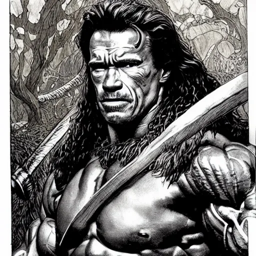 Image similar to a realistic and atmospheric portrait of arnold schwarzenegger as a druidic warrior wizard looking at the camera with an intelligent gaze by rebecca guay, michael kaluta, charles vess and jean moebius giraud