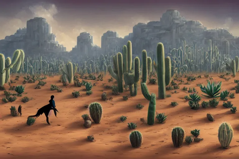 Image similar to a photo of a dystopian desert with loots of Cacti, sandy colours, sandy green, sandy, sandy beige, sobbing sad black silhouette of a person, cantered, by Cyril Rolando, trending on DeviantArt, desolated, dark, 8k resolution, rendered in Zbrush, simplistic