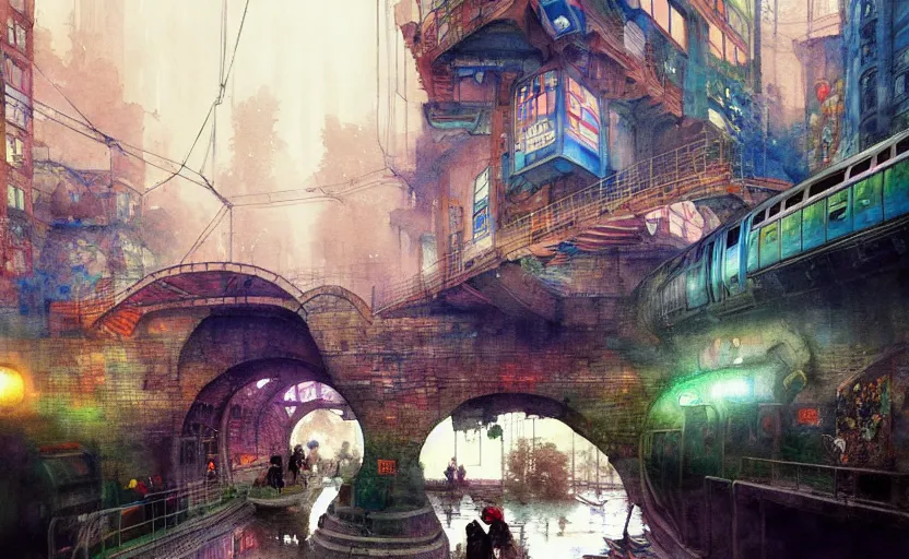 Image similar to an urban train rides inside of a waterway on a fantasy city. intricate, amazing composition, colorful watercolor, by ruan jia, by maxfield parrish, by marc simonetti, by hikari shimoda, by robert hubert, by zhang kechun, illustration, gloomy