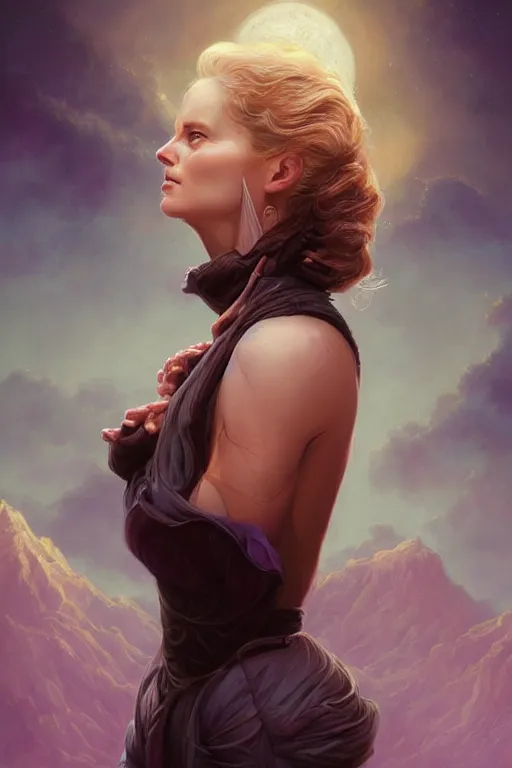 Image similar to Dolores Abernathy (Westworld character), breathtakingly beautiful portrait, beautiful hair, symmetrical face, moonlit purple sky, matte painting by Peter Mohrbacher, highly detailed, intricate, ,award winning artwork, trending on artstation, high quality printing, fine art with subtle redshift rendering