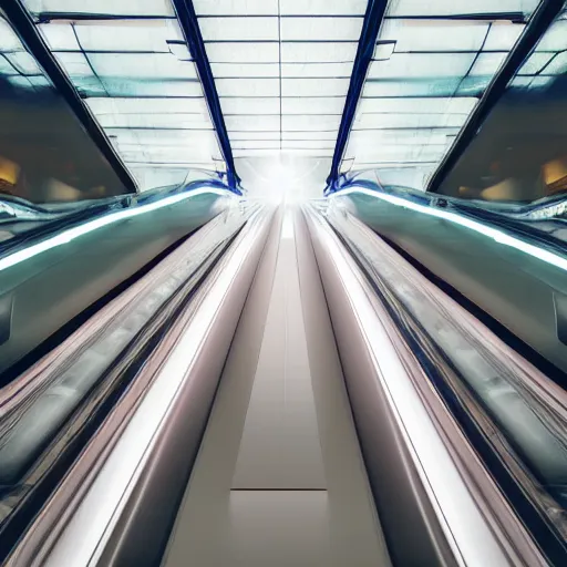 Image similar to approaching futuristic escalator inside white back glossy lit tube with streaming beams of light, building anticipation, scintillating, movement, pastel gradients, 8 k, highly detailed, professional photograph, epic composition, modern details