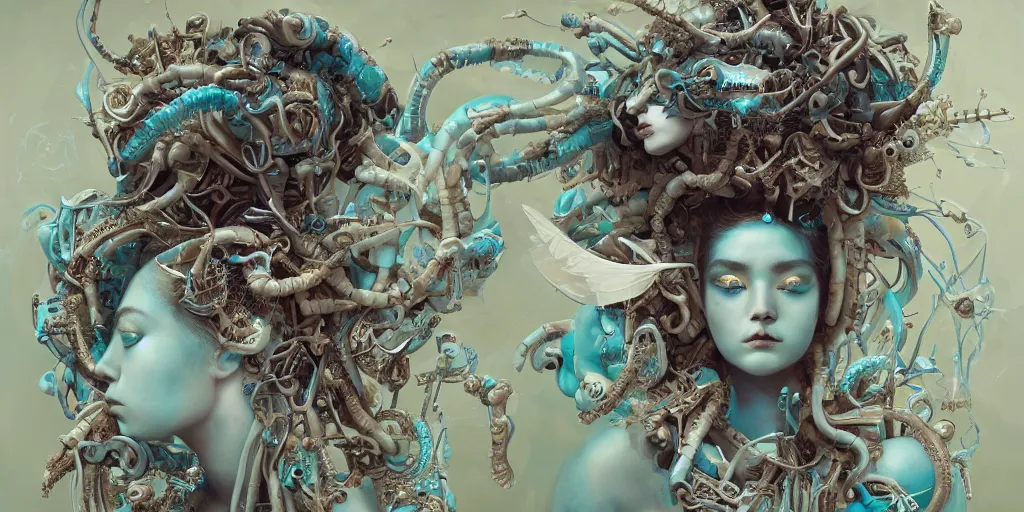 Image similar to hyperrealistic seapunk photography of a highly detailed and symmetrical gorgeous cyborg nymph deconstructing a poetry machine in the style of beth cavener, jin kagetsu, james jean and wlop, highly detailed, face symmetry, masterpiece, award - winning, sharp focus, intricate concept art, ambient lighting, 8 k, artstation