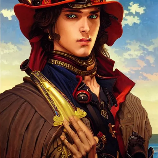 Image similar to a comic book portrait painting of a fantasy steampunk male, highly detailed, art by tristan eaton and artgerm and william - adolphe bouguereau