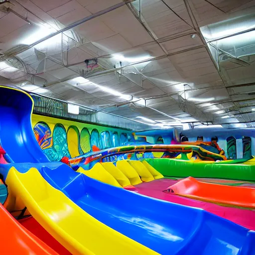 Prompt: dark, empty indoor children's water park, brightly colored water slides visible, oddly familiar, nostalgic, unsettling