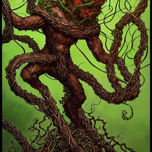 Image similar to anthropomorphic tangle of vines and plant matter. this fantasy creature guards the woods from unwary travelers. similar to a treant or forest spirit. By rebecca guay, by terese nielsen, by aaron miller, by kieran yanner. trending on artstation. 4k resolution.