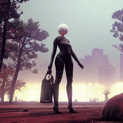 Prompt: new york city portrait of 2B nier automata wearing skin tight clothes screenshot from the video game Red dead redemption 2 digital art by Greg Rutkowski, Simon Stalenhag, christopher nolan trending on Artstation, CGSociety