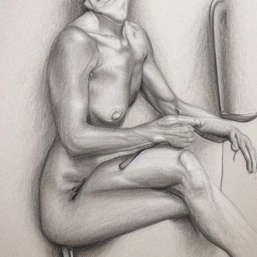 Prompt: sitting on the toilet in agony, drawing, pencil, highly detailed