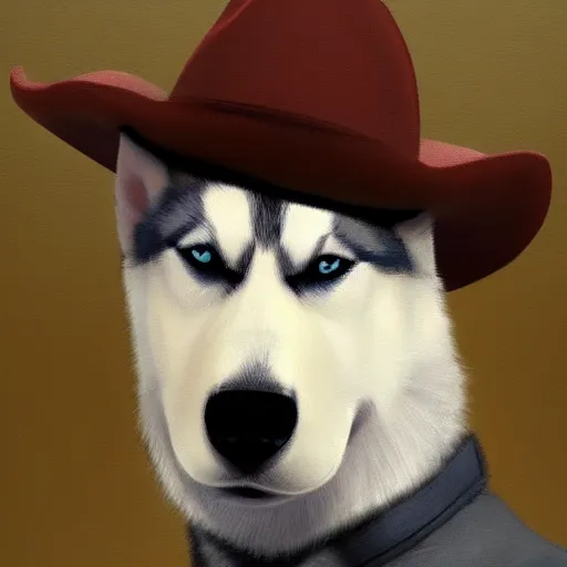 Image similar to a portrait painting of a husky in cowboy costume, wearing a cowboy hat, in the style of anime, humanoid, personify, anthropomorphic, trending on artstation