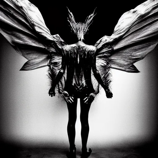 Image similar to a dark artistic photo of an alien creature with crazy wings, a polaroid photo