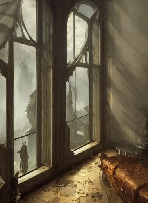 Prompt: a dreary bedroom where the window reveals fantastical scenes of dreams, dreams invading mundane spaces, fantasy infiltrating reality, bubbles of the impossible, swirls of magic, 8k, ultradetailed, illustrated by Greg Rutkowski and Caspar David Friedrich.