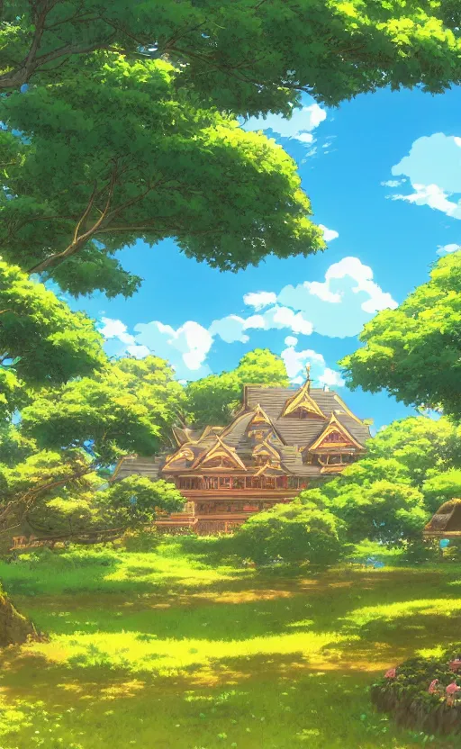 Image similar to anime screenshot wide-shot landscape with house in the apple garden, beautiful ambiance, golden hour, studio ghibli style, by hayao miyazaki, sharp focus, highly detailed,