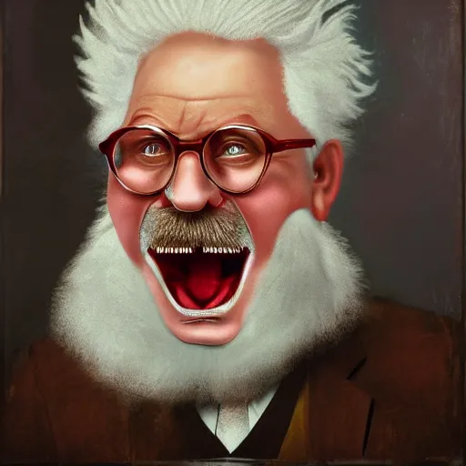 Prompt: deranged and angry colonel sanders, portrait, intense emotion, high detail,