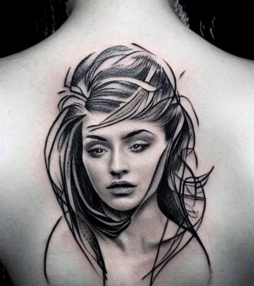 Image similar to tattoo design sketch of a beautiful woman face against a background of beautiful mountains and nature, hyper - realistic, in the style of den yakovlev, amazing detail, black and white