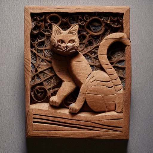 Prompt: a intricate cat carved from wood, photograph, studio lighting
