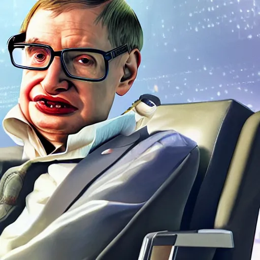 Image similar to Stephen Hawking in GTA 5, cover art by Stephen Bliss, boxart, loading screen