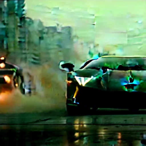 Image similar to A cinematic film still of a Lamborghini in the movie Blade Runner: 2049.