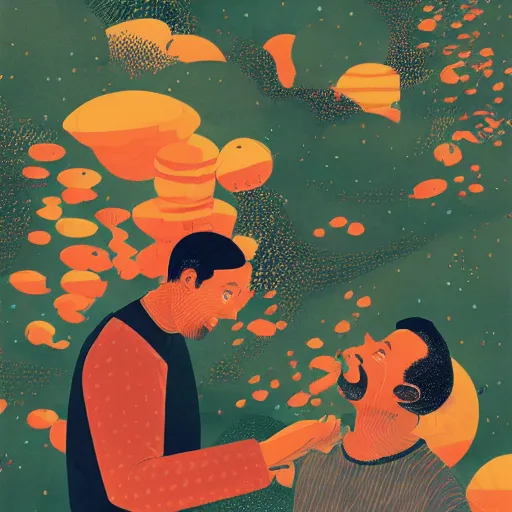 Prompt: a son admiring his father, joyful, illustration by victo ngai, studio muti, malika favre