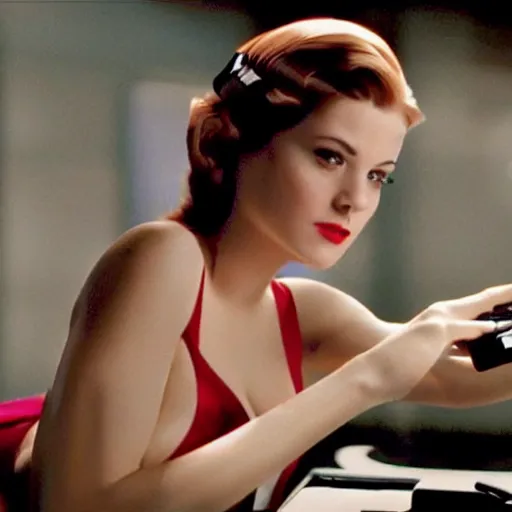 Image similar to a still of a beautiful pin up playing with a NES controller, in the movie Minority Report (2002), highly detailed and intricate, cinematic lighting, 4k HDR