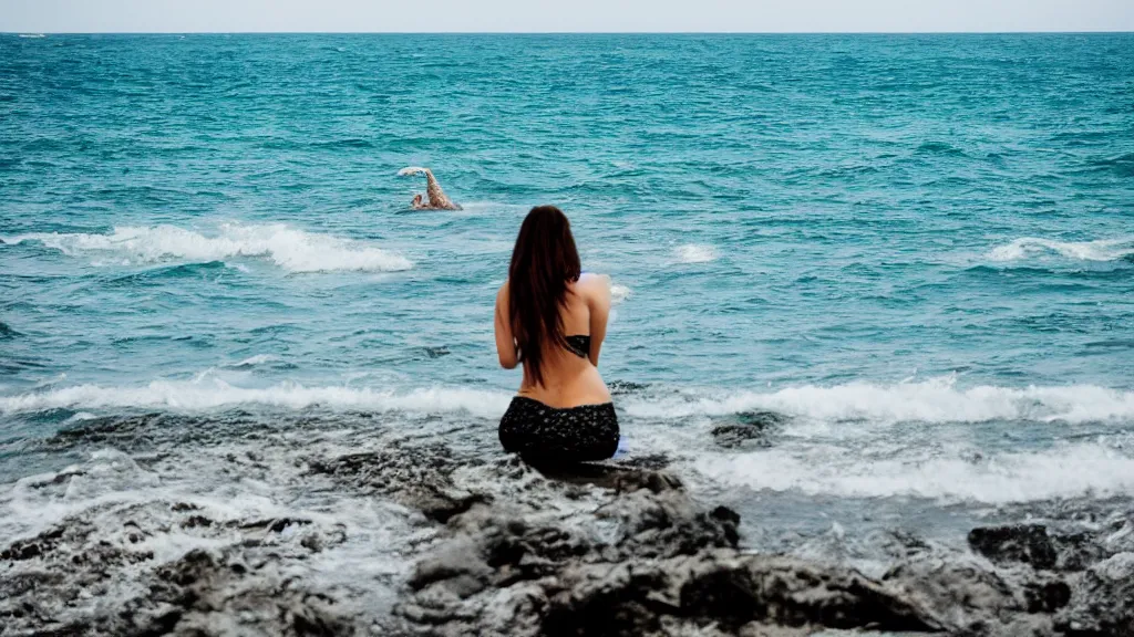 Image similar to professional photograph of the ocean, a mermaid in the background, high focus