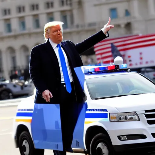 Prompt: donald trump driving a police car